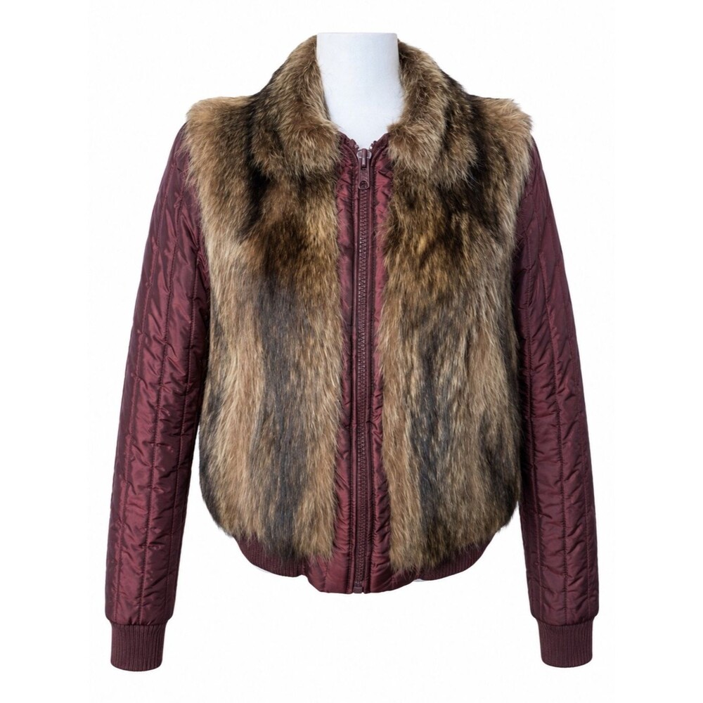 Vintage Raccoon Fur & Burgundy Quilted Bomber Jacket Detachable Sleeves Large - Picture 2 of 9